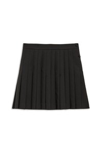 Zwarte geplooide rok met een tailleband die is uitgerust met twee knopen. De stof heeft een soepele textuur en een gestructureerd ontwerp met gelijkmatig verdeelde plooien.