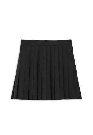 Gonna nera plissettata con una vita caratterizzata da due bottoni. Il tessuto ha una texture liscia e un design strutturato con pieghe uniformemente distanziate.