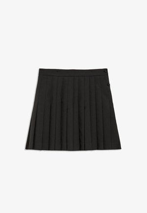 Čierna plisovaná sukňa s pásom, ktorý má dva gombíky. Tkanina má hladkú štruktúru a vyžaruje usporiadaný dizajn s rovnomerne rozloženými plisami.