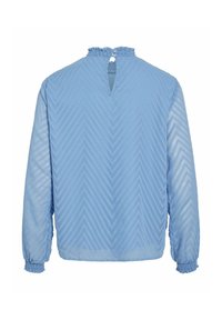 Blusa azzurro chiaro con maniche lunghe, caratterizzata da un motivo a chevron testurizzato, polsini elasticizzati e un'apertura a chiave sul colletto posteriore.