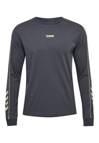 Mörkgrå långärmad t-shirt med rund hals, accentuerad med ljusgröna ränder på axlarna och chevronmönster på ärmarna.