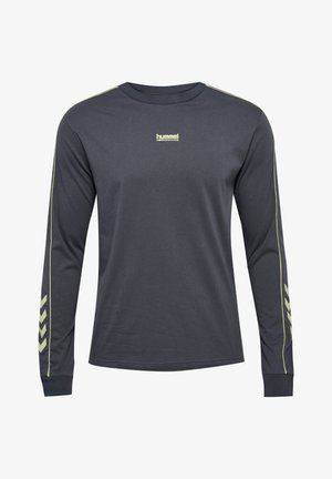 Langærmet mørkegrå t-shirt med rund hals, accentueret af lysegrønne striber på skuldrene og chevronmønstre på ærmerne.