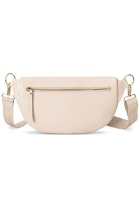 Beige Leder Bauchtasche mit einer Reißverschlusstasche vorne, flacher Form und einem abnehmbaren, verstellbaren Tragegurt mit Markenlogo. Akzente in goldfarbener Hardware.