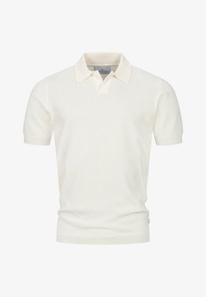 Polo tričko s krátkým rukávem v barvě slonové kosti, vyrobené z texturované tkaniny. Obsahuje špičatý límec a žebrované manžety pro přiléhavý vzhled.