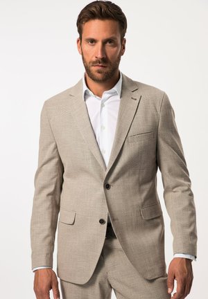 Light beige textured suit with a tailored fit, featuring a single button closure, two front pockets, and a subtle dark accent stitch.