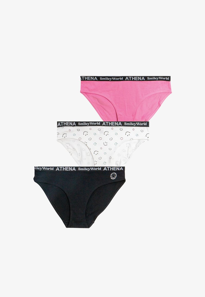 Culottes pour femmes en rose, blanc avec des visages souriants, et noir, chacune avec une ceinture noire portant l'inscription "ATHENA SmileyWorld".