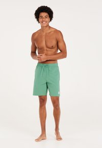 Groene zwemshorts met een elastische tailleband en trekkoord, voorzien van een klein logo-opdruk op het linkerlijf. Glad materiaal en knielange snit.