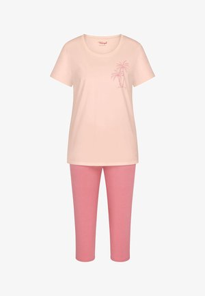 Svetle růžový krátký rukáv pyžamový top s potiskem palem ve spojení s jednobarevnými růžovými zkrácenými pyžamovými kalhotami.