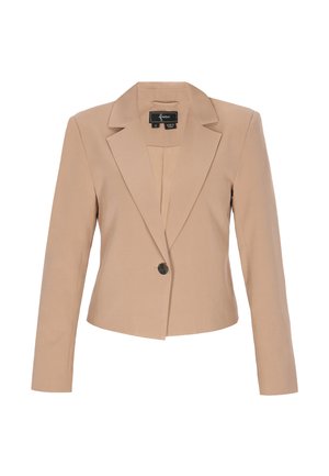 Beige dameblazer med enkelt sort knap, hakkrave, lange ærmer og figursyet pasform.