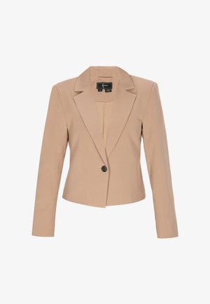 Blazer beige pour femmes avec un seul bouton noir, des revers à cran, des manches longues et une coupe ajustée.