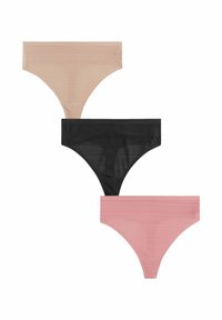 Trois paires de sous-vêtements sans couture en beige, noir et rose clair, avec une texture côtelée subtile et une coupe classique en thong.