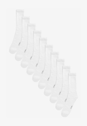 Zwölf Paare weißer Baumwollsocken mit gerippten Bündchen, verstärkten Zehen und einem Logo am Knöchel. Jede Socke ist knöchellang.