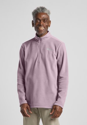 Lichtpaarse fleece pullover met een halflange rits kraag, lange mouwen en een klein logo op de borst, met een zachte, gestructureerde afwerking.