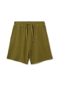 Olivgrüne Sportshorts aus weichem Material, mit einem elastischen Bund und Kordelzug sowie zwei Seitentaschen.