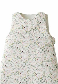 Lightweight cotton infant dress features a floral pattern with pink, red, yellow, and green accents on a white background. Sleeveless design.