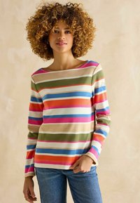 Long-sleeve striped top in various colors including pink, green, and blue, featuring a boat neckline and a relaxed fit, paired with jeans.