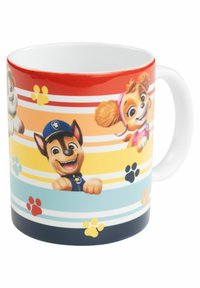 Tazza in ceramica con strisce colorate e personaggi di cani cartoon, con accenti di impronte di zampe in rosso, giallo e blu. Manico bianco.