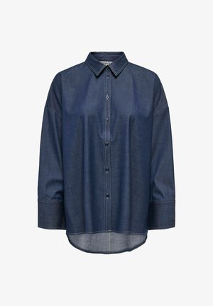 Dunkelblaue Denim-Hemd mit langen Ärmeln, Knopfverschluss, breiten Manschetten und spitzem Kragen, verziert mit weißen Kontrastnähten.