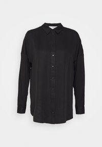 Black long-sleeve shirt made of smooth fabric, featuring a classic collar and button-front closure with rounded hem and buttoned cuffs.