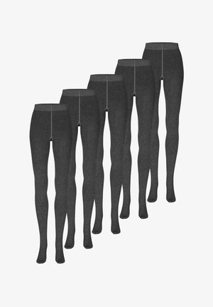 Donkergrijze panty's met een visgraatpatroon gedragen aan de benen, met zichtbaar textuurbreisel en volledige voetbedekking.