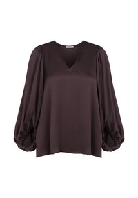 Blusa marrone scuro a maniche lunghe in tessuto morbido con scollatura a V e maniche a sbuffo arricciate. L'orlo è dritto e il fit è rilassato.