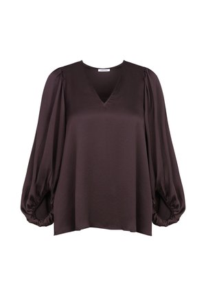 Blusa marrone scuro a maniche lunghe in tessuto morbido con scollatura a V e maniche a sbuffo arricciate. L'orlo è dritto e il fit è rilassato.