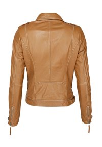 Kožená bunda v tan barvě s přiléhavým střihem, viditelným prošíváním a zipovými detaily na rukávech. Disponuje klasickým límcem a dvěma zadními panely.