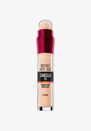 Concealer Maybelline Instant Anti-Age in 02 Nude, con un tubo trasparente, un applicatore rotondo e un tappo rosso con accenti grafici.