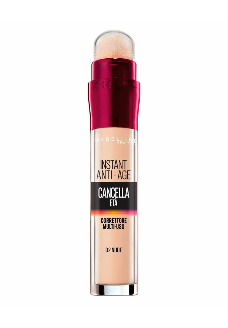 Concealer Maybelline Instant Anti-Age in 02 Nude, con un tubo trasparente, un applicatore rotondo e un tappo rosso con accenti grafici.