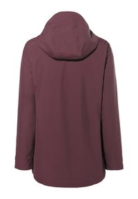 Giacca maroon impermeabile con cappuccio, maniche lunghe e taglio dritto. Texture liscia e design minimale. Nessun hardware o motivo visibile.