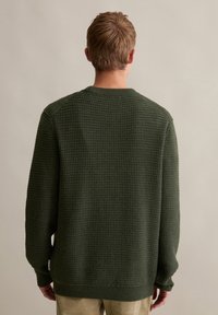 Grüner strukturierter Pullover mit Rundhalsausschnitt, der ein strukturiertes Muster und gerippte Bündchen aufweist, von hinten gezeigt.