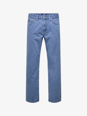 Τζιν μπλε από denim με ίσια γραμμή, εμπρός κουμπί και φερμουάρ, θηλιές για ζώνη και τσέπες μπροστά και πίσω.