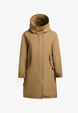 Langer brauner Kapuzen-Wintermantel mit Fronttaschen und geknöpften Manschetten, entworfen für vollständige Bedeckung und Wärme.