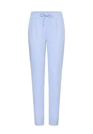 Svijetloplave konusne hlače s elastičnim pojasom i prednjim vezicama, s prednjim naborima i uskim krojem.