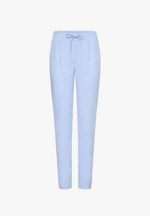 Svijetloplave konusne hlače s elastičnim pojasom i prednjim vezicama, s prednjim naborima i uskim krojem.