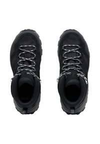 Black hiking boots with mesh and synthetic upper, textured finish, reflective laces, padded collar, and rugged rubber outsole.