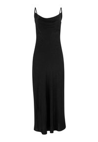 Μακρύ μαύρο φόρεμα με λεπτές τιράντες, στρογγυλεμένο ντεκολτέ και αέρινη σιλουέτα. Κατασκευασμένο από απαλό, λείο ύφασμα με διακριτική λάμψη.
