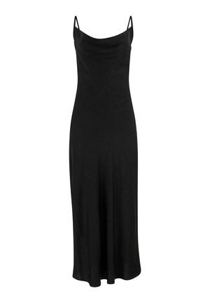 Μακρύ μαύρο φόρεμα με λεπτές τιράντες, στρογγυλεμένο ντεκολτέ και αέρινη σιλουέτα. Κατασκευασμένο από απαλό, λείο ύφασμα με διακριτική λάμψη.