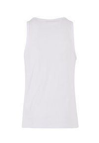 White cotton sleeveless tank top, featuring a simple round neckline and a smooth texture, with no patterns or visible hardware.