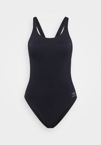 Schwarzer Badeanzug mit überkreuzten doppelten Schulterträgern und kleinem Speedo Endurance Logo an der Hüfte, präsentiert auf weißem Hintergrund.