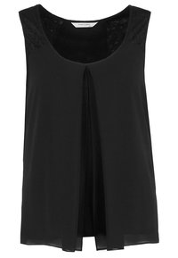 Černý bezrukávový top s kulatým výstřihem, předním záhybem a krajkovými detaily na ramenou. Vyrobeno z lehkého materiálu.
