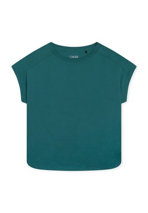 Kortærmet afslappet pasform T-shirt i grønlige blå nuancer med rund halsudskæring og dobbeltsyninger, lagt fladt på hvid baggrund.