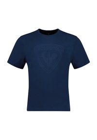 Mørkeblå bomulds T-shirt med rund hals og korte ærmer. Har et diskret, tonalt logo-design på forsiden. Glat tekstur.