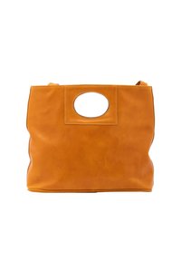 Leder-Shopper in senfgelb mit rechteckigem Körper, ovalem Ausschnittgriff und glatter Textur. Minimalistisches Design mit gesteppten Akzenten.