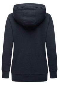 Haut de sweat à capuche noir marine avec une grande capuche structurée, des poignets et un ourlet côtelés. Fabriqué à partir d'un tissu doux et texturé, avec un design simple.