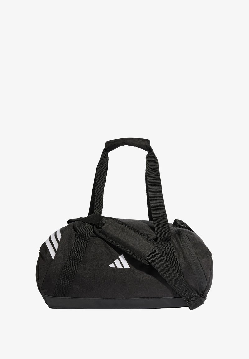 Borsa a tubo nera con tessuto resistente, manici superiori e tracolla regolabile. Presenta accenti a strisce bianche e logo sul lato.