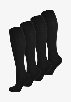 Schwarze knielange Socken im Viererpack. Glatte Textur mit einheitlicher Farbe, entworfen für Komfort und Abdeckung, geeignet für verschiedene Anlässe.