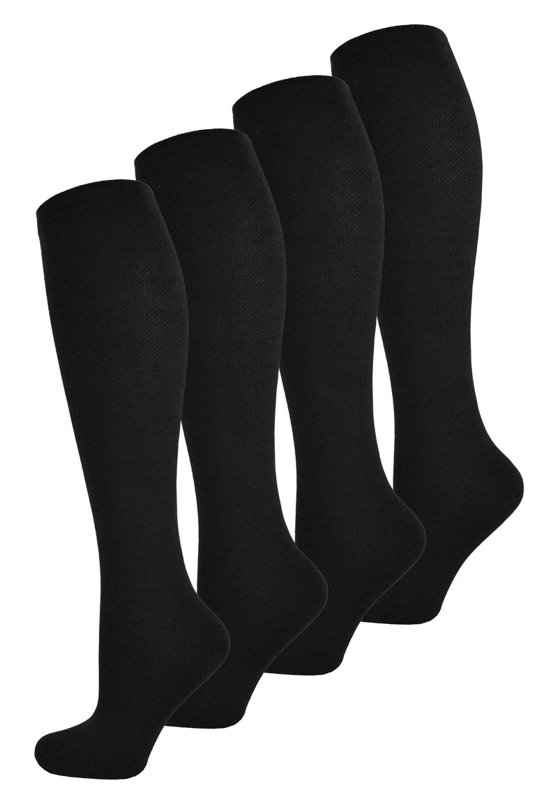 Schwarze knielange Socken im Viererpack. Glatte Textur mit einheitlicher Farbe, entworfen für Komfort und Abdeckung, geeignet für verschiedene Anlässe.