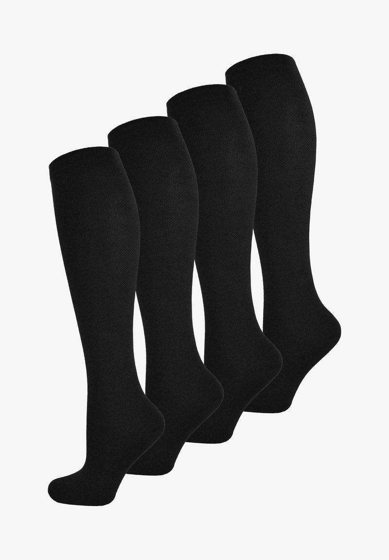 Schwarze knielange Socken im Viererpack. Glatte Textur mit einheitlicher Farbe, entworfen für Komfort und Abdeckung, geeignet für verschiedene Anlässe.