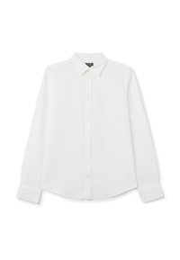 Camisa blanca de manga larga con botones, hecha de una tela ligera, con un collar clásico, placket de botones y mangas con puños.